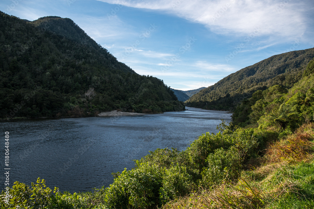 Fototapeta premium River scenery in the Lower Buller gorge between Westport and Inangahua Junction