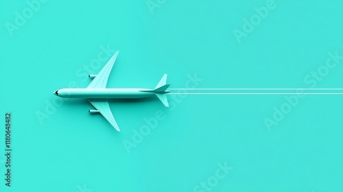 Teal airplane model flying on teal background.