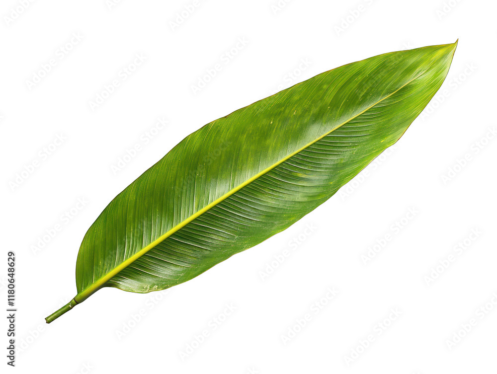 Obraz premium Long green banana leaf with natural texture isolated on white background