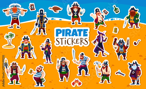 Cartoon pirate and corsair characters stickers. Vector patches with funny rovers. Captain, sailor, boatswain and swashbuckler with female pirate queen on secret island sandy beach with palm trees