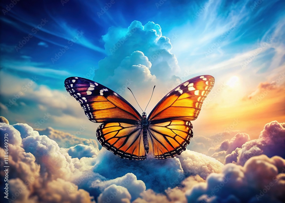 Obraz premium Macro Butterfly on Cloudy Sky - Nature Stock Photo with Copy Space