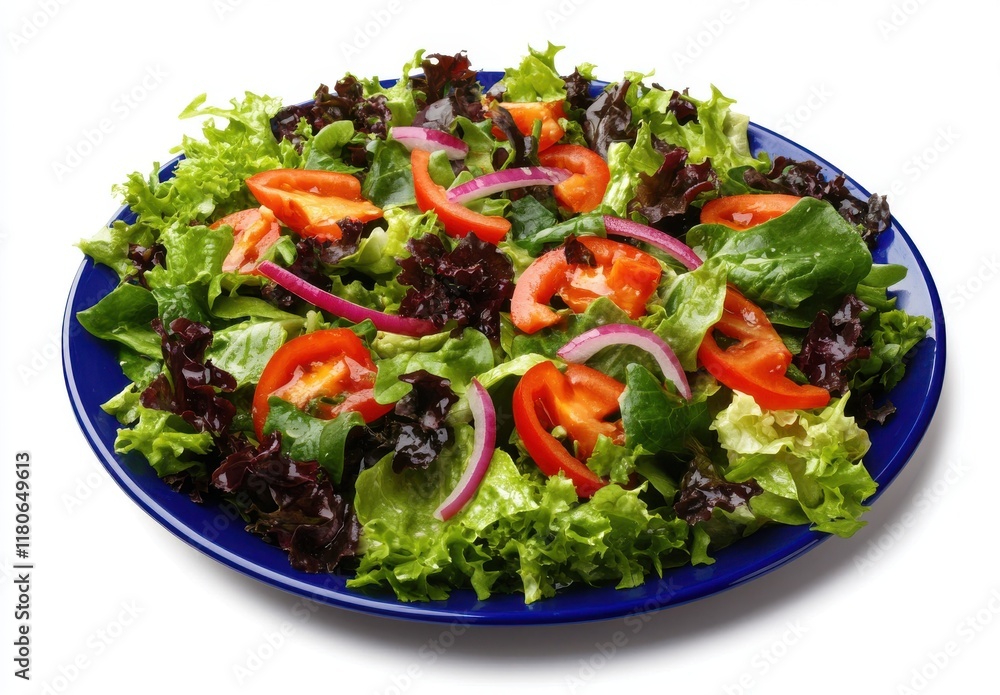 Fresh Garden Salad with Crisp Greens, Ripe Tomatoes, Sliced Onions, and Vibrant Colors on a Blue Plate for Healthy Eating and Culinary Inspiration Fresh Garden Salad with Crisp Greens, Ripe Tomatoes, Sliced Onions, and Vibrant Colors on a Blue Plate for Healthy Eating and Culinary Inspiration