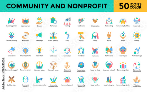 Community and Nonprofit icons set with civic engagement, volunteerism, service, workshops, training, leadership, collaboration, networking, community building icon. Simple flat color vector 
