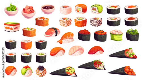 Cartoon Japanese sushi and rolls with sashimi for Asian cuisine food menu, vector icons. Sushi set of nigiri and maki and hosomaki rolls with seafood, shrimp and fish caviar, wasabi and soy sauce