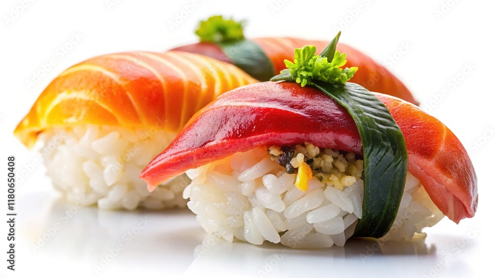 Macro Photography of Exquisite Nigiri Sushi Isolated on White Background - High-Resolution Stock Image Macro Photography of Exquisite Nigiri Sushi Isolated on White Background - High-Resolution Stock Image