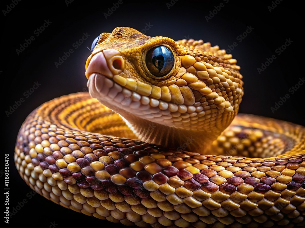 Fototapeta premium Macro Photography: Western Diamondback Rattlesnake on Solid Black Background - Detailed Venomous Reptile Close-up