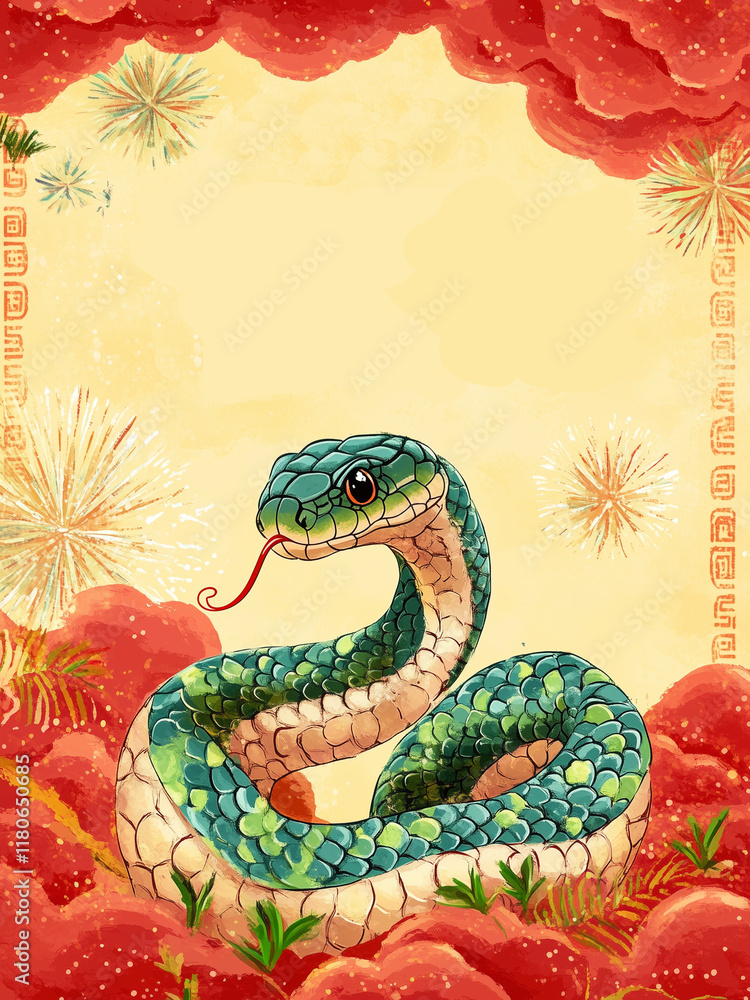 Fototapeta premium Chinese new year snake illustration background, Year of the Snake Design Painting Watercolor, Chinese New Year Banner