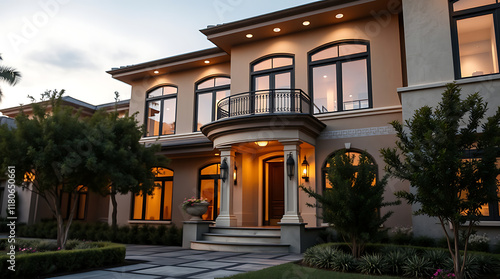 A large, two-story tan house with many windows is illuminated at dusk.  Landscaping includes shrubs and trees.  The house has a prominent entryway with columns and a balcony on the second floor.