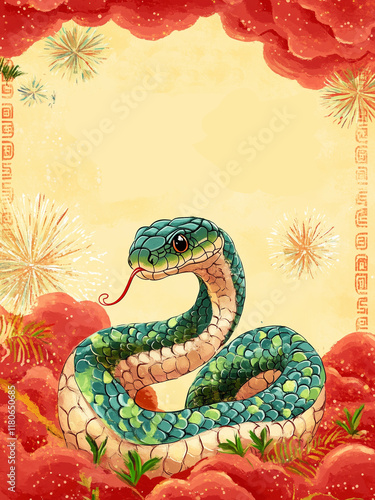 Chinese new year snake illustration background, Year of the Snake Design Painting Watercolor, Chinese New Year Banner photo