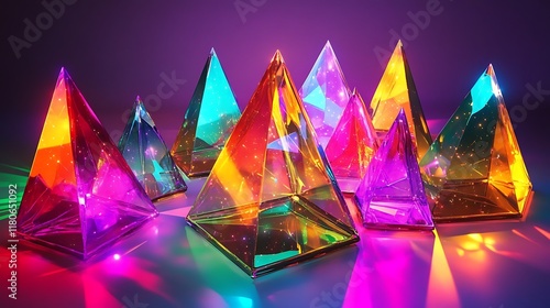 Crystal pyramid on a colorful background. Geometric shape.
