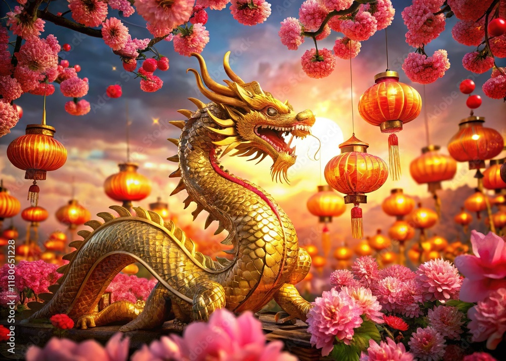 Fototapeta premium Majestic Golden Dragon, Red Lanterns, Cherry Blossoms & Peonies - Luxurious Chinese New Year