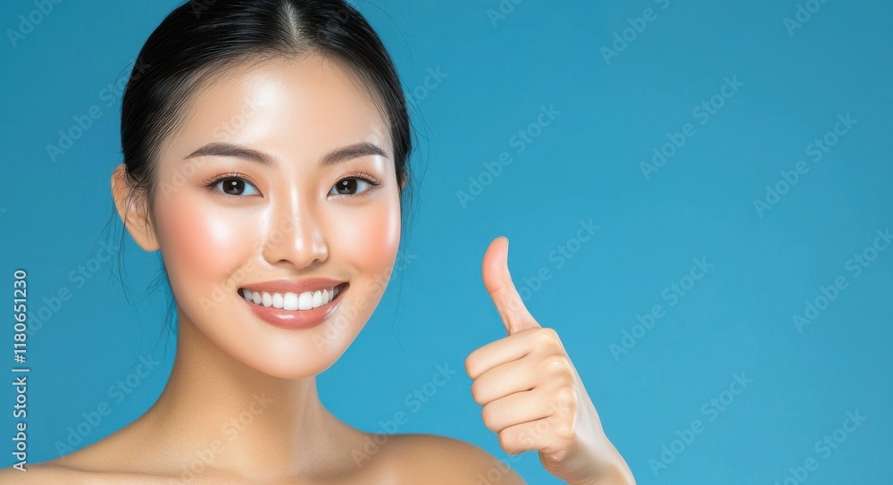Asian woman with perfect skin gives thumbs up for skincare and beauty products. Asian woman with perfect skin gives thumbs up for skincare and beauty products.