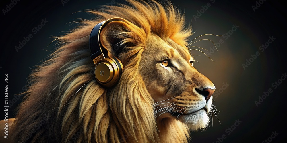 Fototapeta premium Majestic Golden Lion Head in Profile Wearing Headphones - Stock Photo