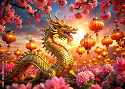 Wallpaper Mural Majestic Golden Dragon, Red Lanterns, Cherry Blossoms & Peonies - Luxurious Chinese New Year Torontodigital.ca