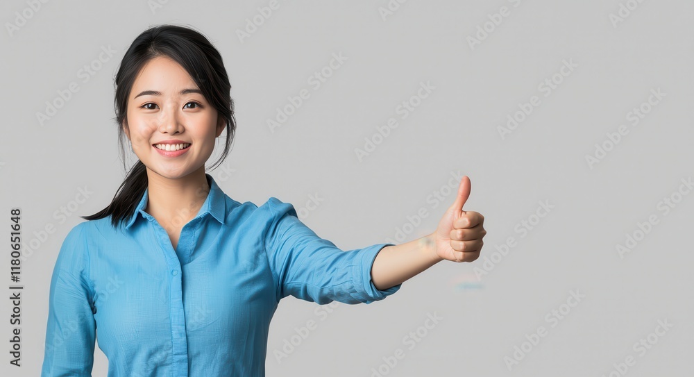 Cheerful Asian woman gives thumbs up showing approval and positive feedback. Cheerful Asian woman gives thumbs up showing approval and positive feedback.