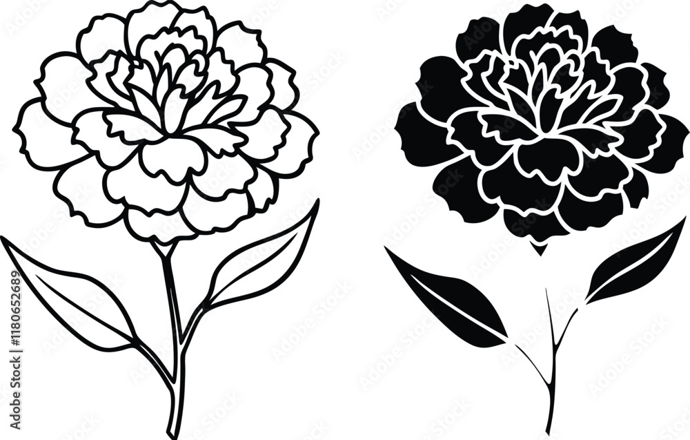 Carnation Flower Line Art Black and White Design Illustrations Carnation Flower Line Art Black and White Design Illustrations