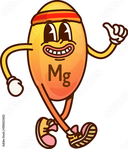 Cartoon groovy magnesium vitamin and micronutrient character. Isolated vector Mg molecule wearing sports headband and sneakers gives a thumbs up with a wide, enthusiastic smile, conveying a funky vibe