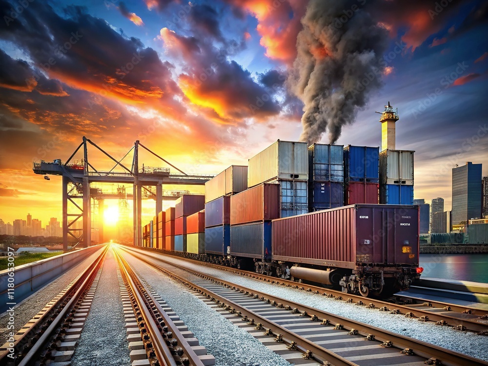 Fototapeta premium Minimalist Freight Train & Industrial Port - Modern Cargo Transportation Stock Photo