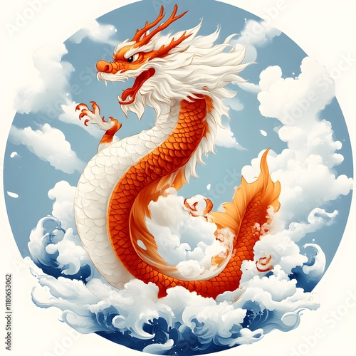 Orange and white dragon rising from clouds. photo