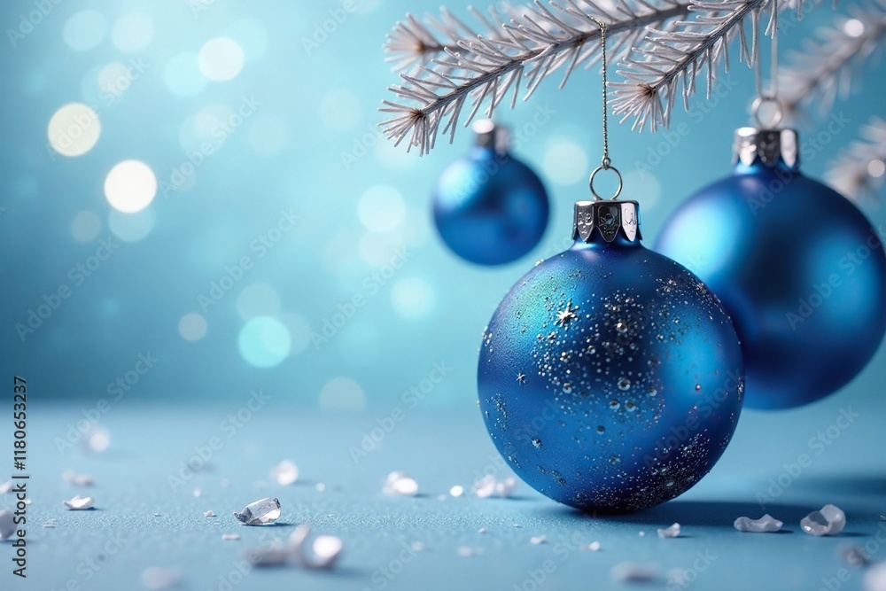 Blue Christmas balls suspended from a silver branch, holiday, silver Blue Christmas balls suspended from a silver branch, holiday, silver