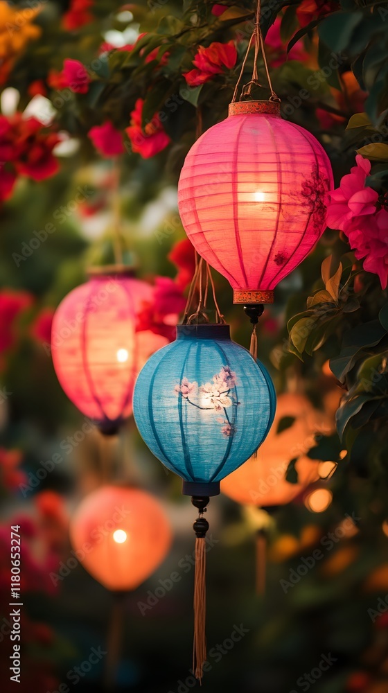 Fototapeta premium Illuminated paper lanterns hanging amidst vibrant blossoms.