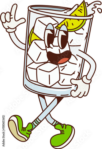 Cartoon retro groovy gin and tonic character. Isolated vector lively glass filled with ice cubes, lime slices, and splashing liquid, dancing with excitement. Funky alcohol drink personage exuding fun