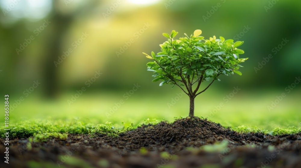 A small tree growing from soil, symbolizing growth and environmental sustainability.