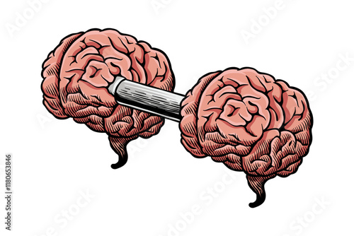 engraved style brain barbell colored illustration