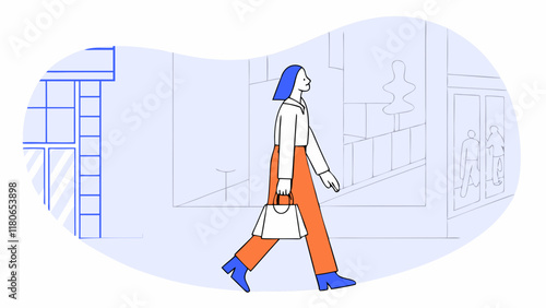 Woman in a City: A stylish woman with blue hair and a white bag walks confidently down a city street, enjoying the urban landscape. She is wearing a white shirt, orange pants, and blue shoes.