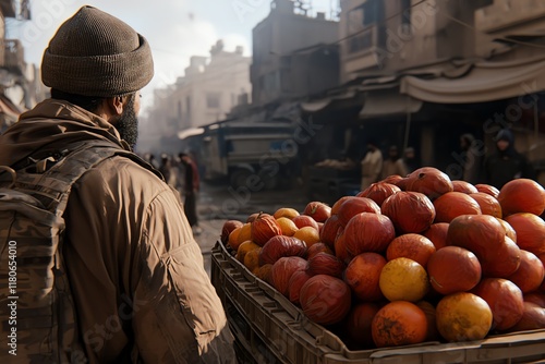 A man stands in a busy market, overlooking a cart filled with vibrant apples, reflecting a lively atmosphere in the street. photo