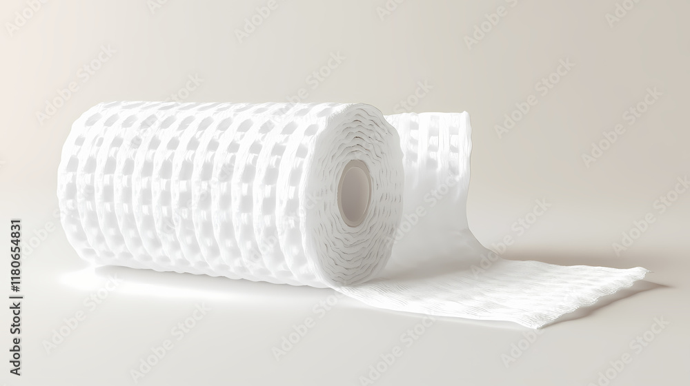 Fototapeta premium Close-up of a roll of white gauze bandage on a light background, perfect for medical, health, or first aid related imagery in various applications. Snowwoven. Illustration