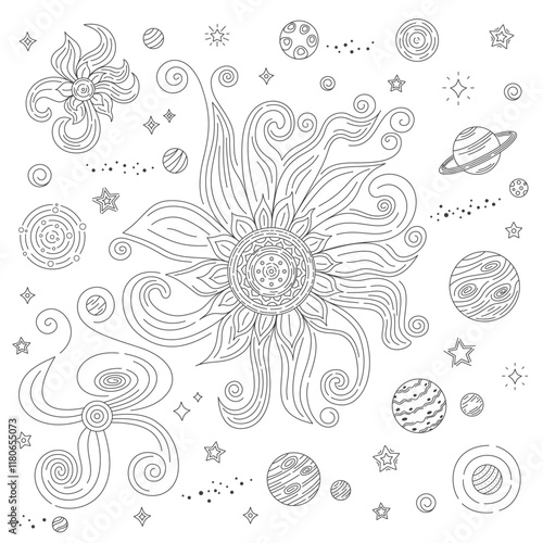 Sun flowers and planets and stars abstract