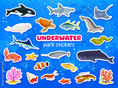 Underwater animal stickers of cartoon undersea park fishes, vector icons. Underwater funny characters stickers of shark and starfish with squid and stingray or whale and shrimp in coral reef