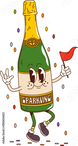 Cartoon groovy sparkling wine bottle character. Champagne flask retro personage dancing with joyful expression, red flag and colorful confetti falling down exudes celebration and fun vibe during party