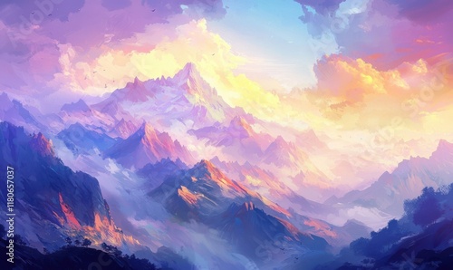 Majestic Pastel Mountain Range Sunrise Landscape Painting Digital Art