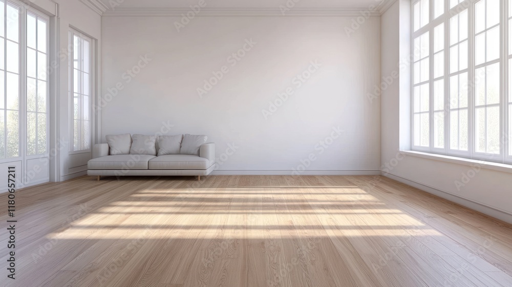 Fototapeta premium A spacious, minimalistic living room with natural light and a simple couch.