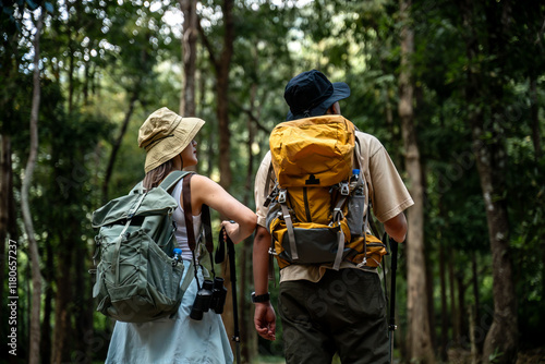 Wallpaper Mural Hikers or explorers on journey carrying backpack, trekking poles looks into the distance observing and possibly guide trekking and trail exploration holiday ecotourism concept.	 Torontodigital.ca