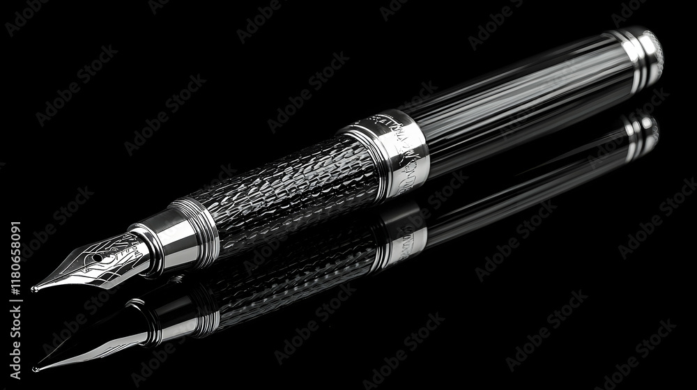 Elegant black fountain pen reflecting on a dark surface, studio shot, luxury writing instrument. Elegant black fountain pen reflecting on a dark surface, studio shot, luxury writing instrument.