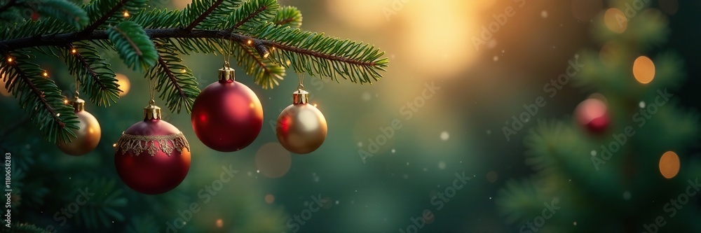 Softly lit fir tree branch with hanging ornaments, suspended from branches, softly lit, ornaments Softly lit fir tree branch with hanging ornaments, suspended from branches, softly lit, ornaments