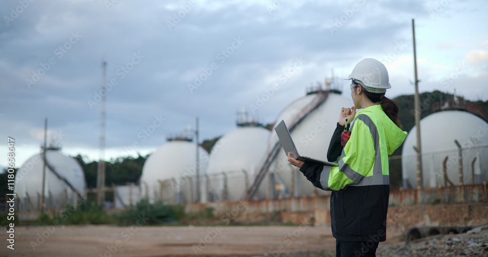 An industry engineer woman using a laptop with a white safety helmet standing in front of the oil refinery. Factory oil storage tank and pipeline. Worker in a refinery An industry engineer woman using a laptop with a white safety helmet standing in front of the oil refinery. Factory oil storage tank and pipeline. Worker in a refinery