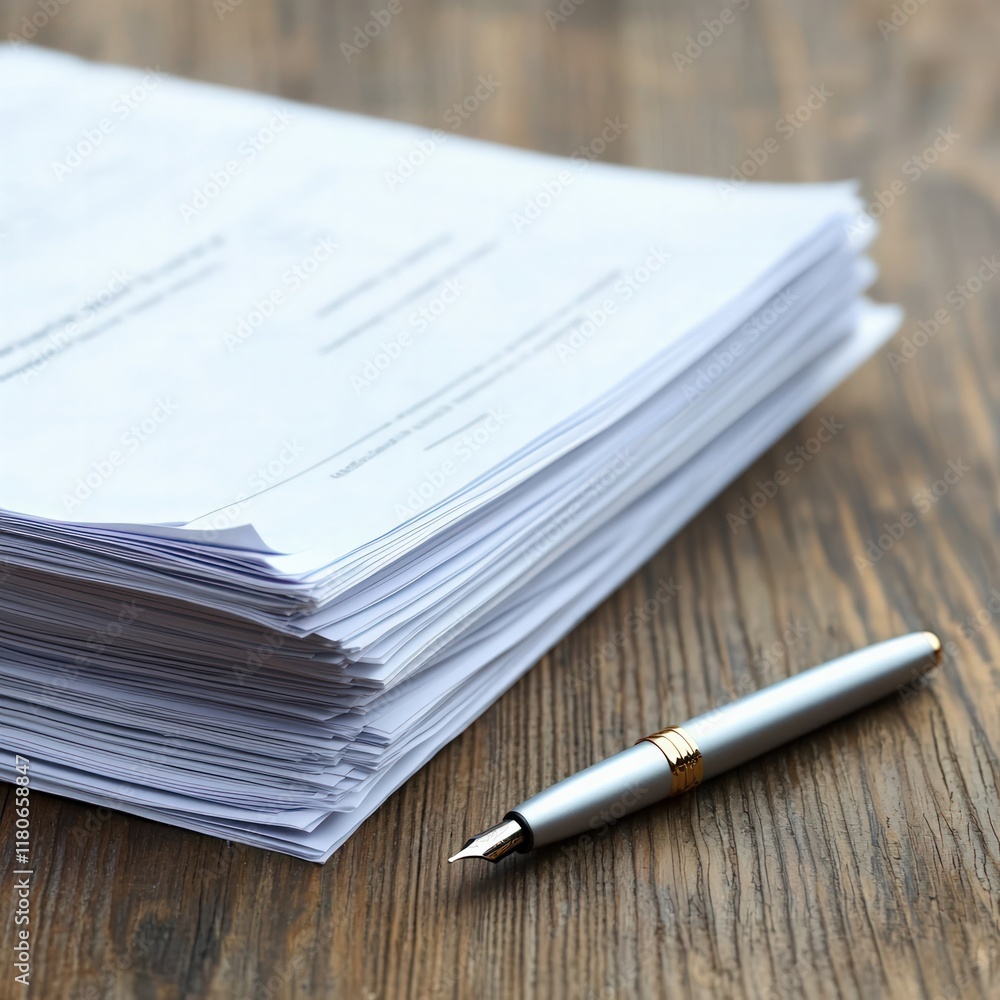A stack of white papers with a silver pen rests on a wooden surface, suggesting themes of paperwork, documentation, or writing tasks. A stack of white papers with a silver pen rests on a wooden surface, suggesting themes of paperwork, documentation, or writing tasks.