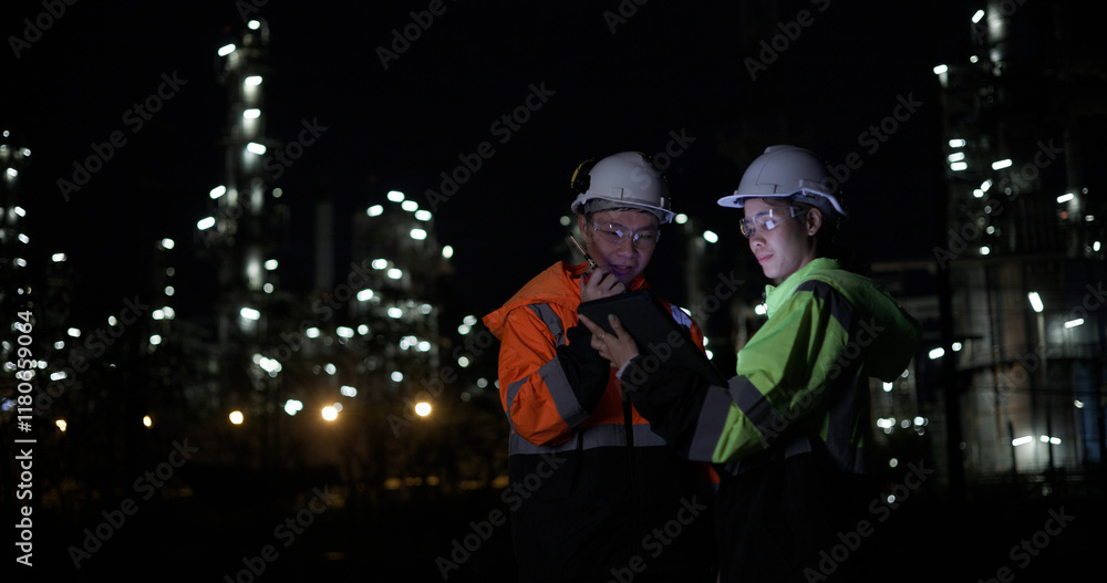 Obraz premium The night shift industrial engineering team discusses a plan using a digital tablet before starting their shift at the oil refinery, all while wearing safety equipment suits.