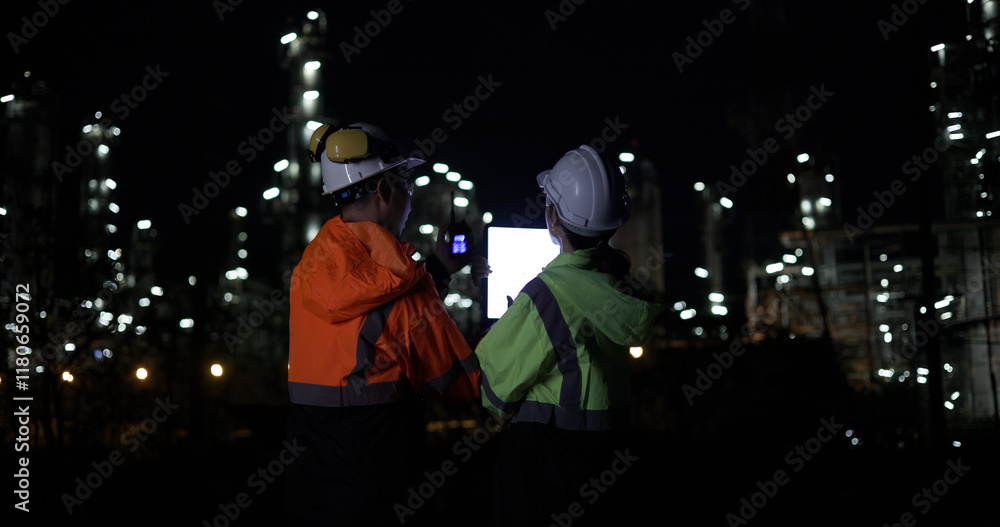 The night shift industrial engineering team discusses a plan using a digital tablet before starting their shift at the oil refinery, all while wearing safety equipment suits. The night shift industrial engineering team discusses a plan using a digital tablet before starting their shift at the oil refinery, all while wearing safety equipment suits.