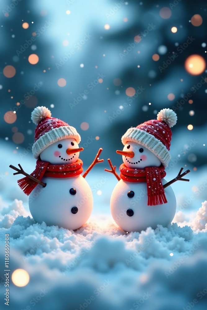 Tiny snowmen in a blanket of falling snowflakes, icy ground, frosty atmosphere, wintertime Tiny snowmen in a blanket of falling snowflakes, icy ground, frosty atmosphere, wintertime