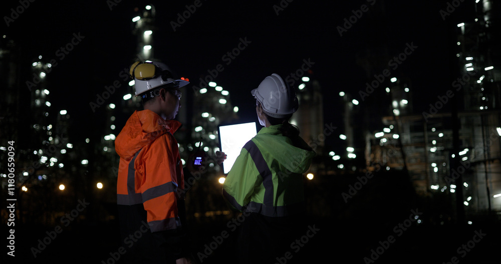 Obraz premium The night shift industrial engineering team discusses a plan using a digital tablet before starting their shift at the oil refinery, all while wearing safety equipment suits.