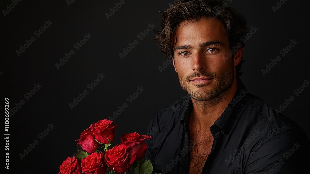 Confident Male Model Posing Stylishly with Vibrant Red Roses Confident Male Model Posing Stylishly with Vibrant Red Roses