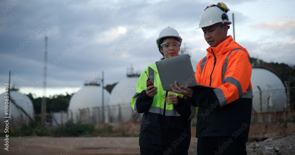 Male project engineers and female chemical engineers are engaged in a discussion regarding safety protocols in the chemical storage tank area at the oil refinery. Male project engineers and female chemical engineers are engaged in a discussion regarding safety protocols in the chemical storage tank area at the oil refinery.
