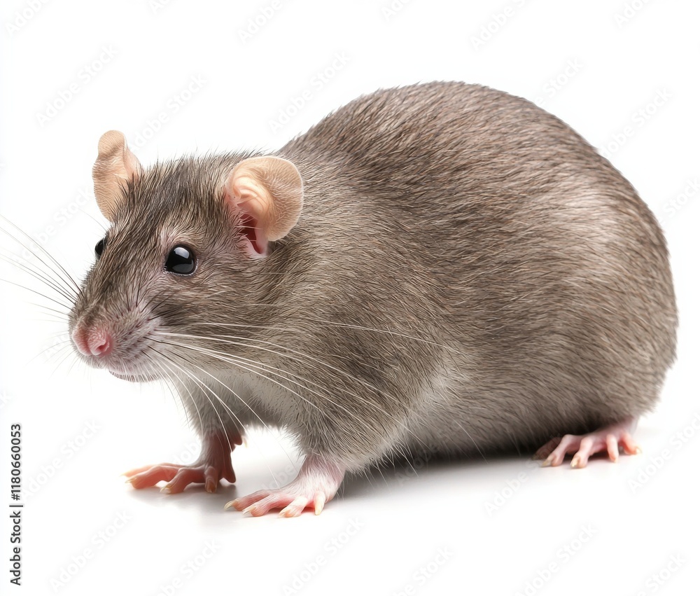 Gray Rat Close-up on White Background for Pest Control and Rodent Research Gray Rat Close-up on White Background for Pest Control and Rodent Research