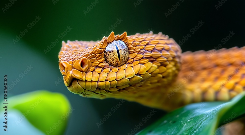 Obraz premium Close-up of a vibrant orange snake's head and part of its body, resting on a green leaf.