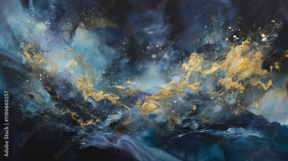 Obraz premium A delicate abstract painting with flowing, translucent layers that resemble a cosmic veil. Colors shift from midnight blue to brilliant gold and silver, accentuated by swirling galaxies and sparkling 